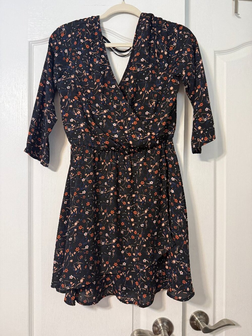 Copper Key Navy Boho Floral Faux Wrap Dress, Size Small